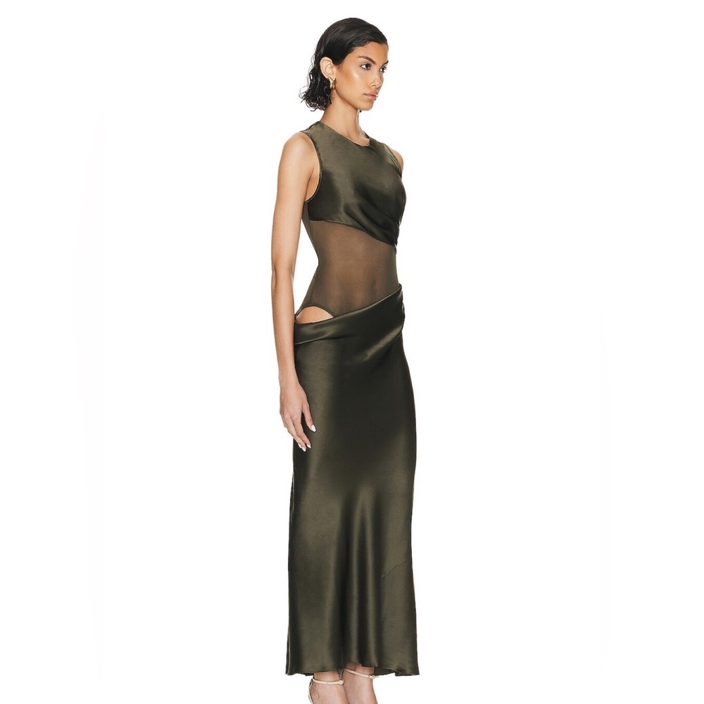 Christopher Esber Olive Green Satin Midi Dress with Sheer Cutouts